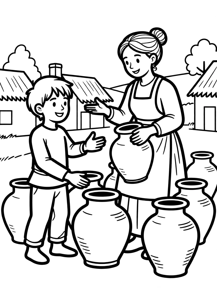 Elisha helping a poor widow whose oil jars multiply.