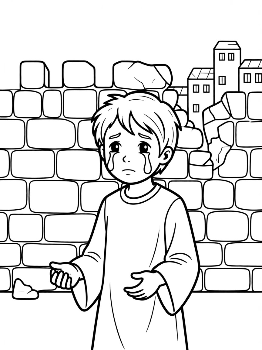 Jeremiah crying over Jerusalem, with tears on his face.
