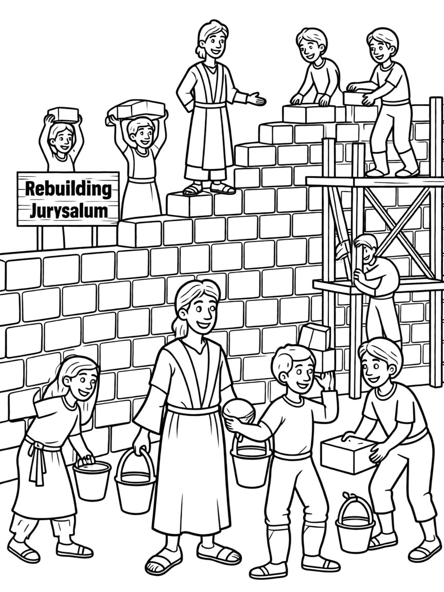 Nehemiah rebuilding the walls of Jerusalem, with people working together.