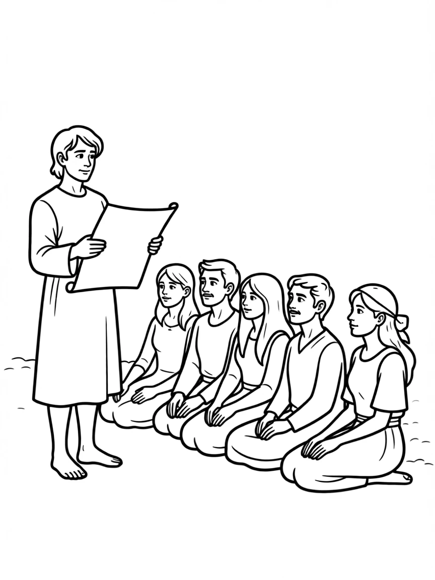 Ezra reading the law to the people, with everyone listening quietly.