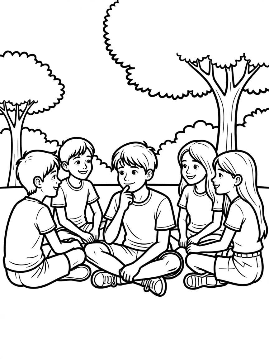Job sitting among his friends, looking thoughtful.