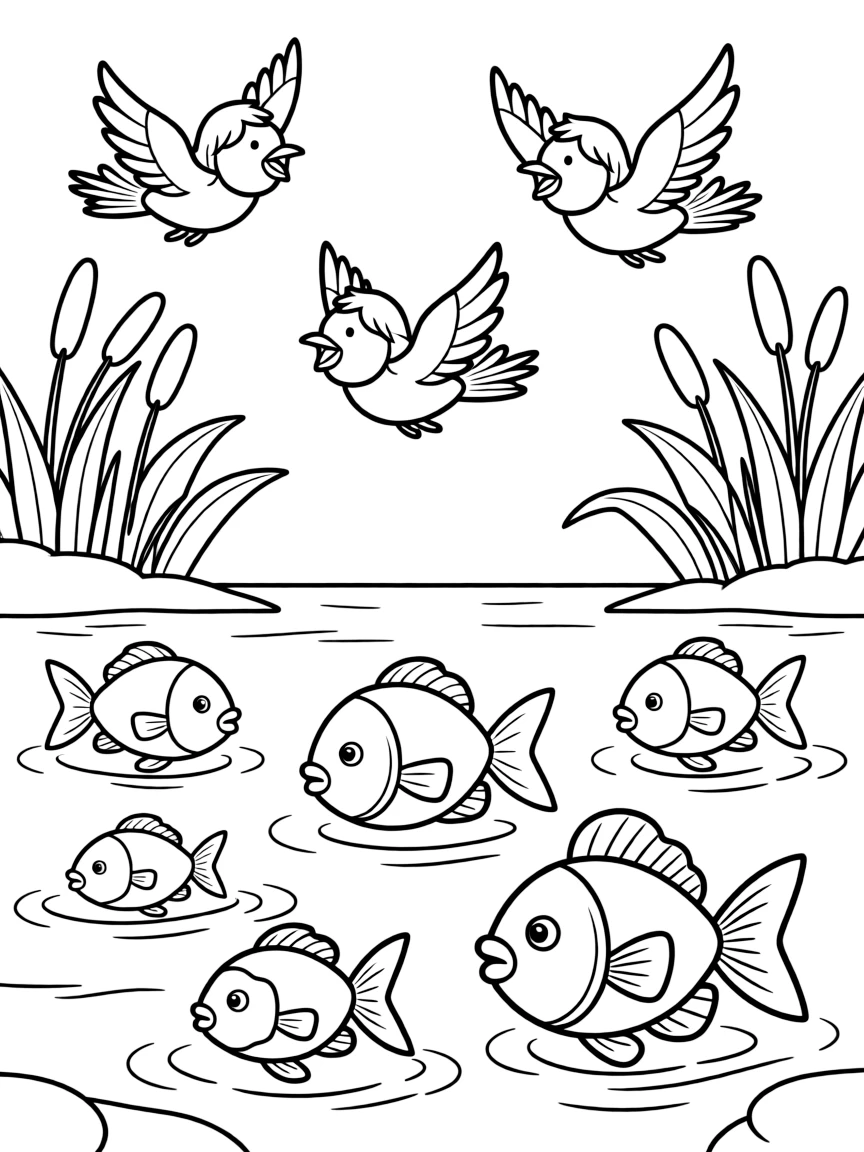 The creation of birds and fish, with colorful fish swimming and birds flying.