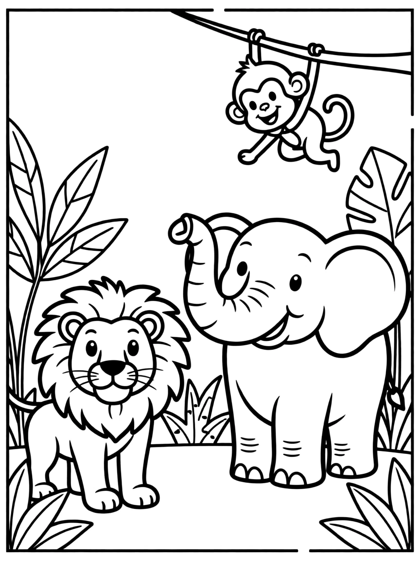 The creation of animals, with a lion, elephant, and playful monkey.