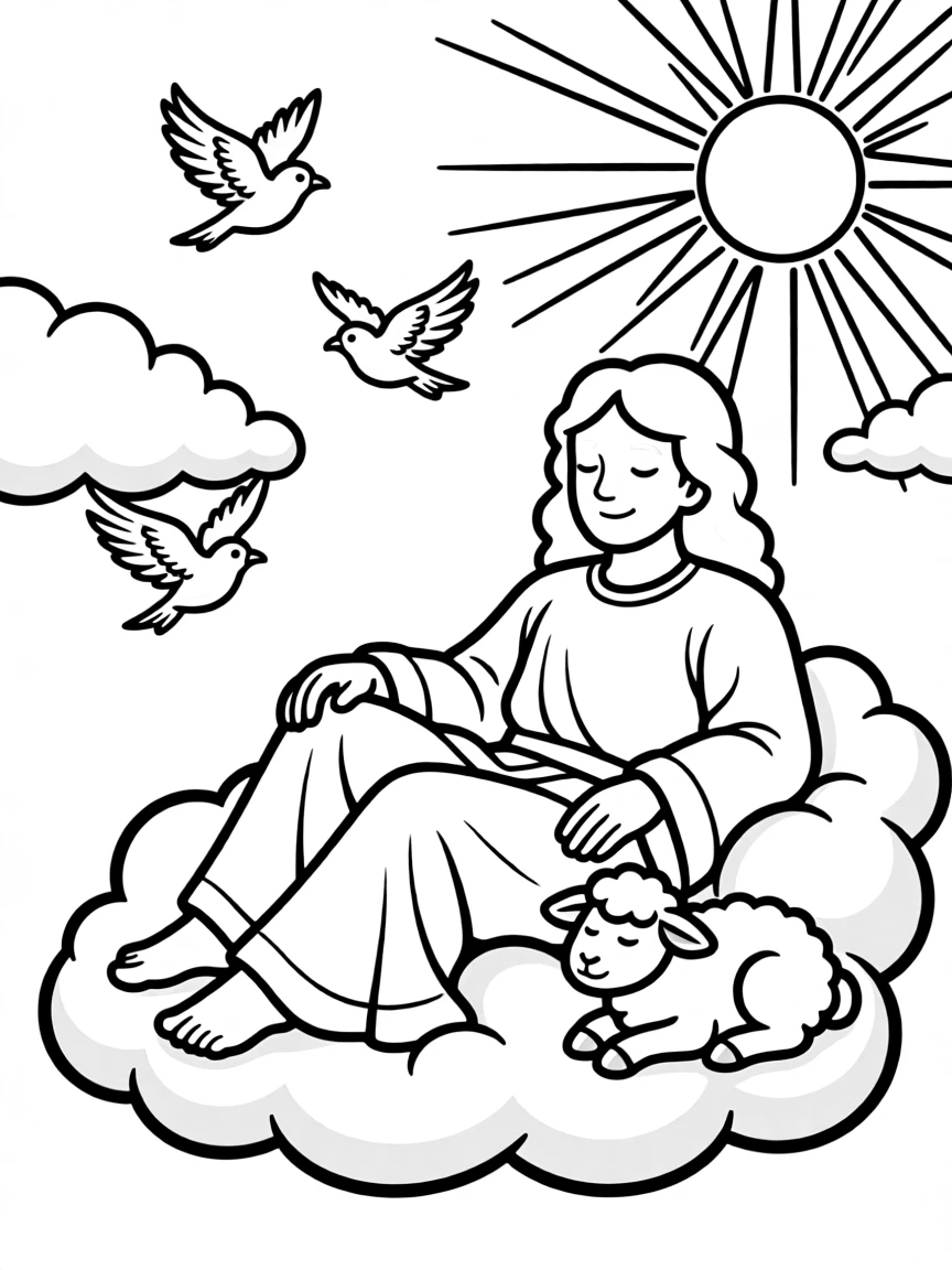 God resting on the seventh day, with a peaceful scene.