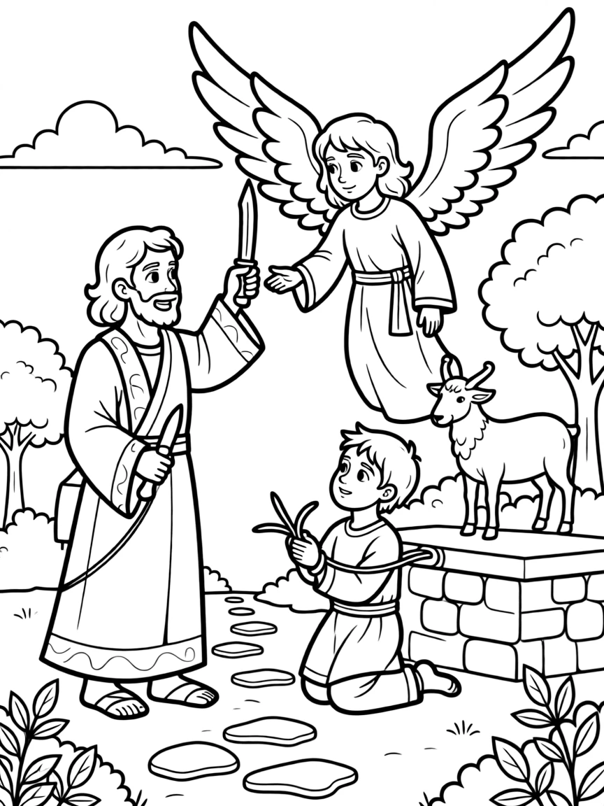 Abraham sacrificing a ram instead of Isaac, with an angel stopping him.