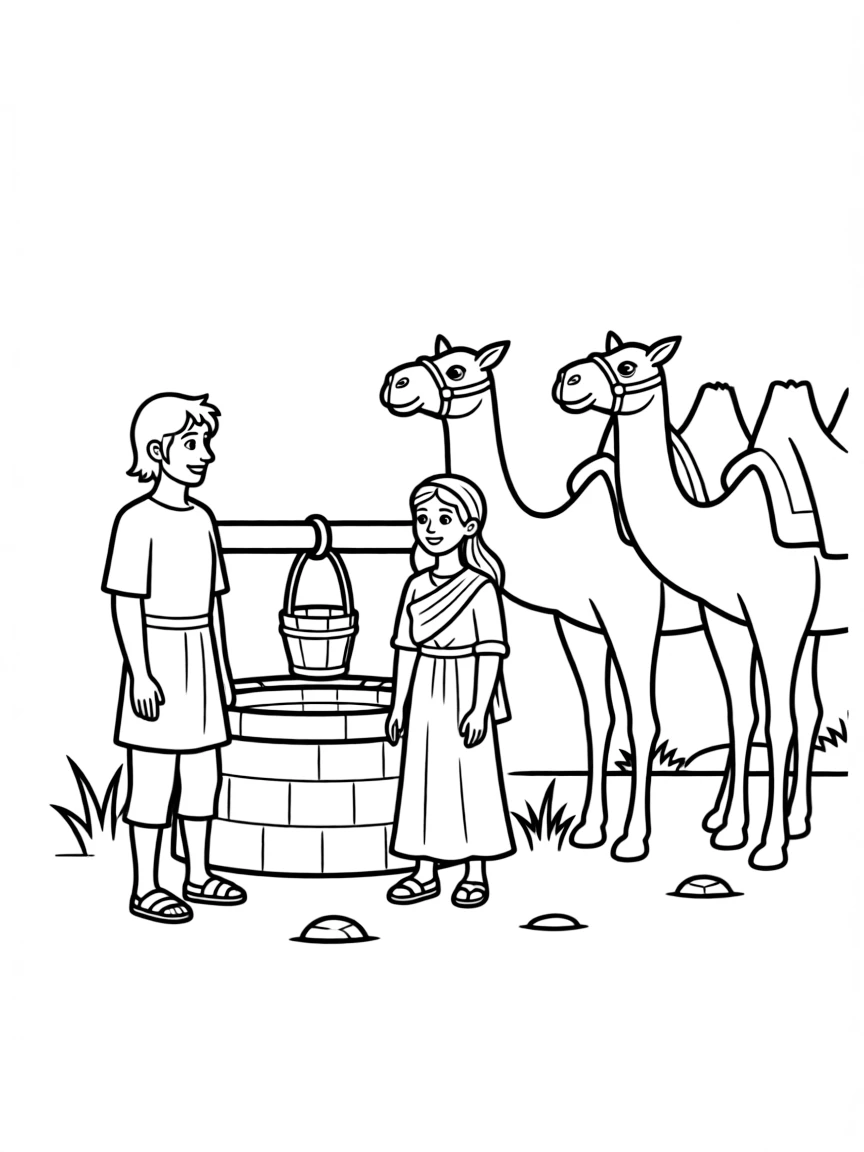 Isaac and Rebekah meeting at the well, with camels nearby.