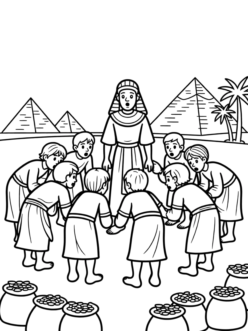 Joseph's brothers bowing down to him in Egypt, looking surprised.