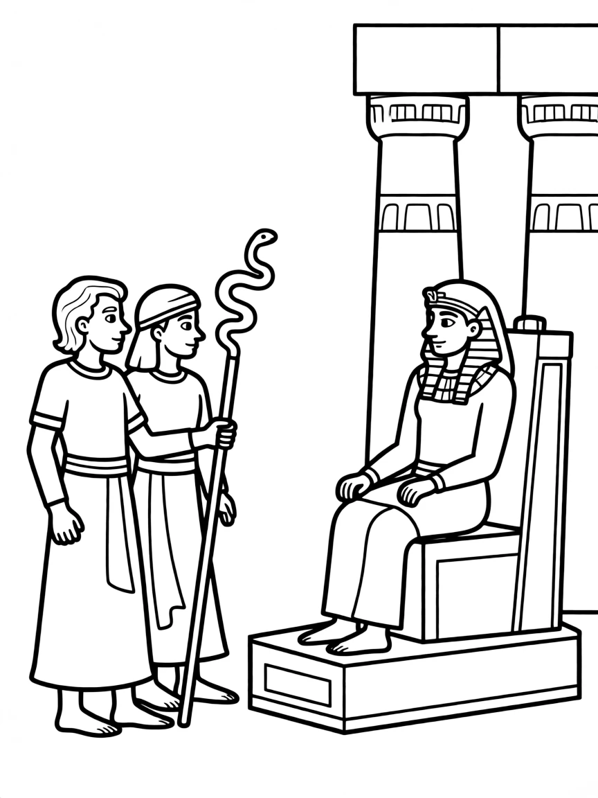 Moses and Aaron standing before Pharaoh, with a staff turning into a snake.
