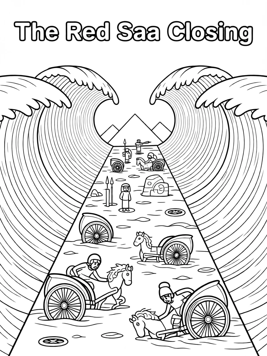 The Red Sea closing over the Egyptian army, with chariots sinking.
