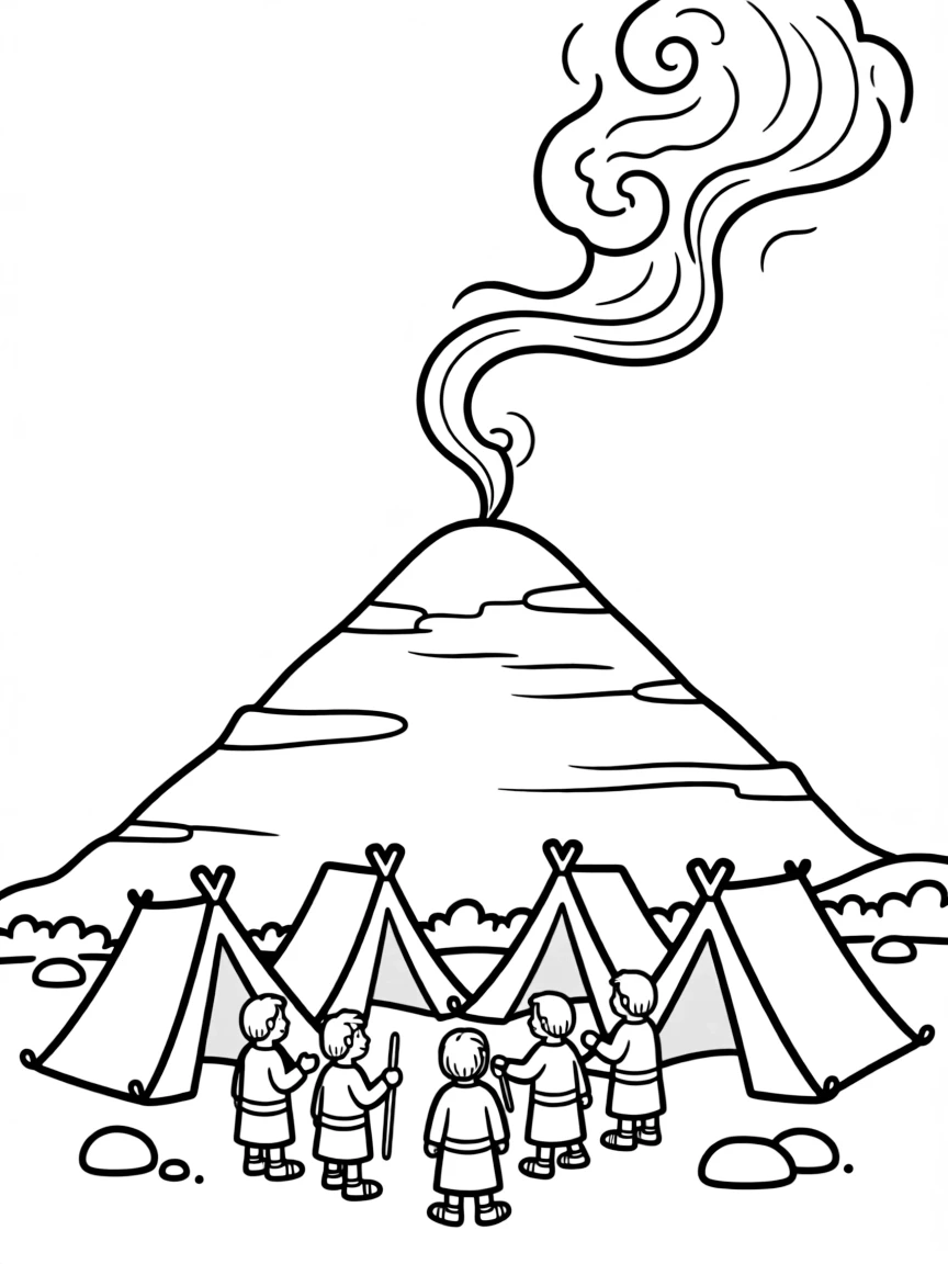 The Israelites camping around Mount Sinai, with smoke on the mountain top.