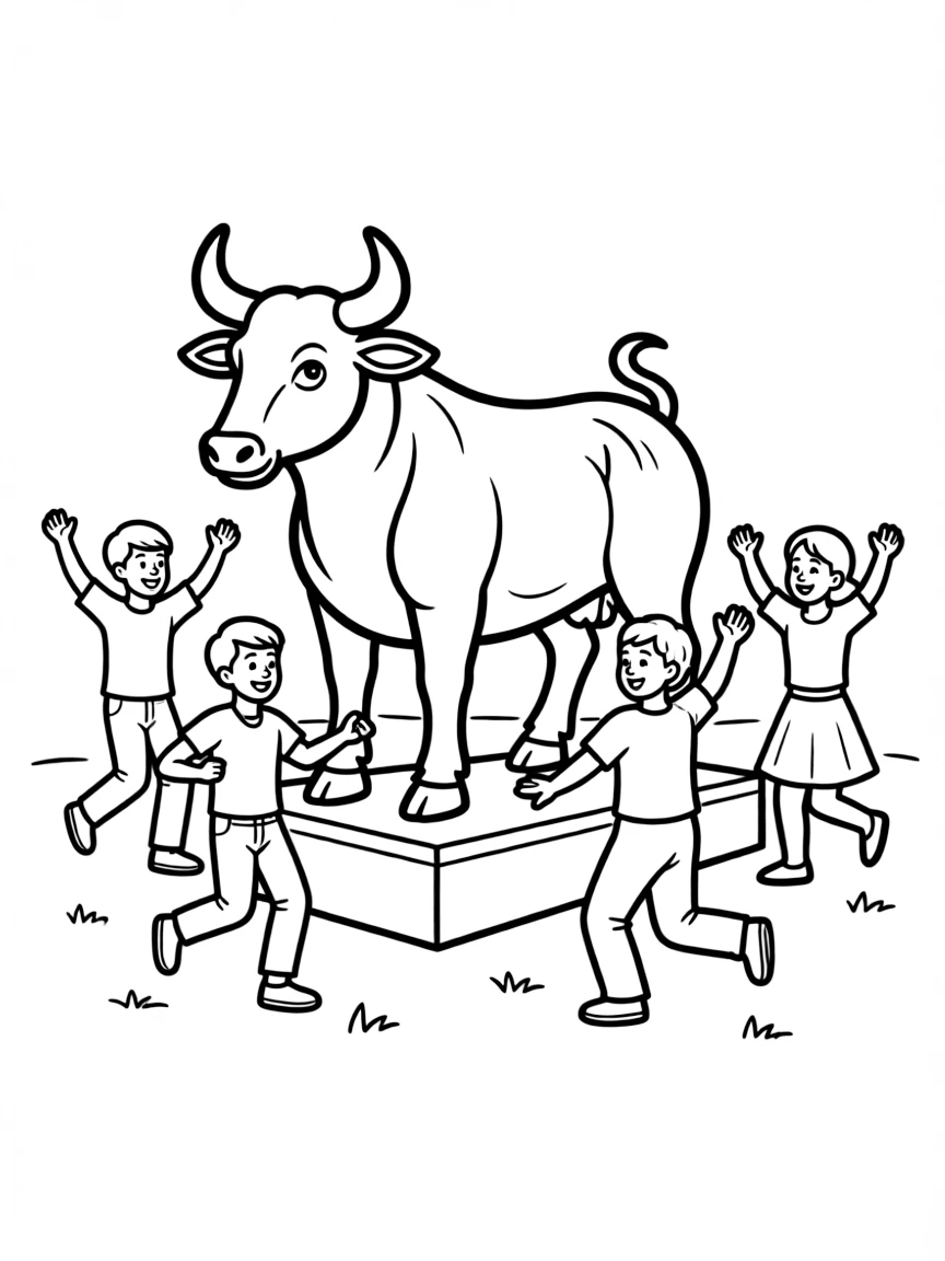 The golden calf idol, with people dancing around it.