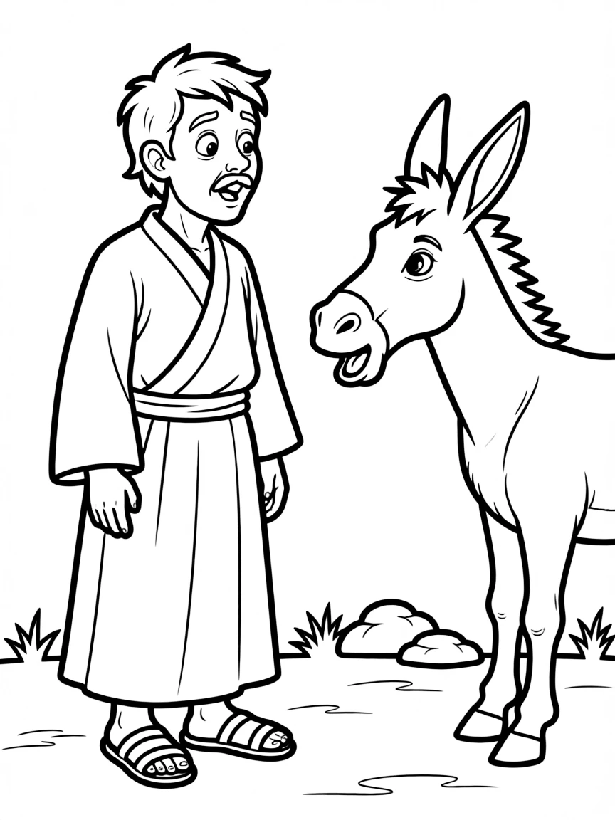 Balaam's donkey speaking to him, with a surprised look on Balaam's face.