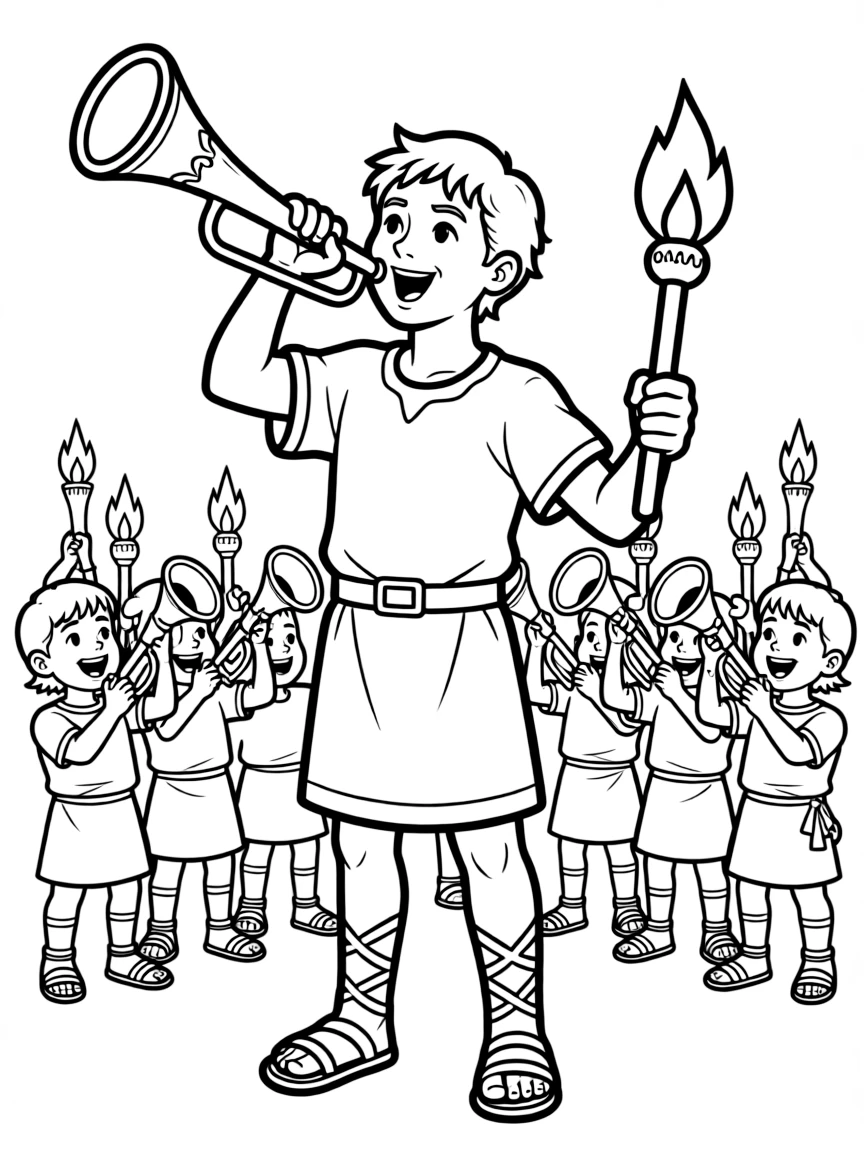 Gideon raising an army with trumpets and torches.