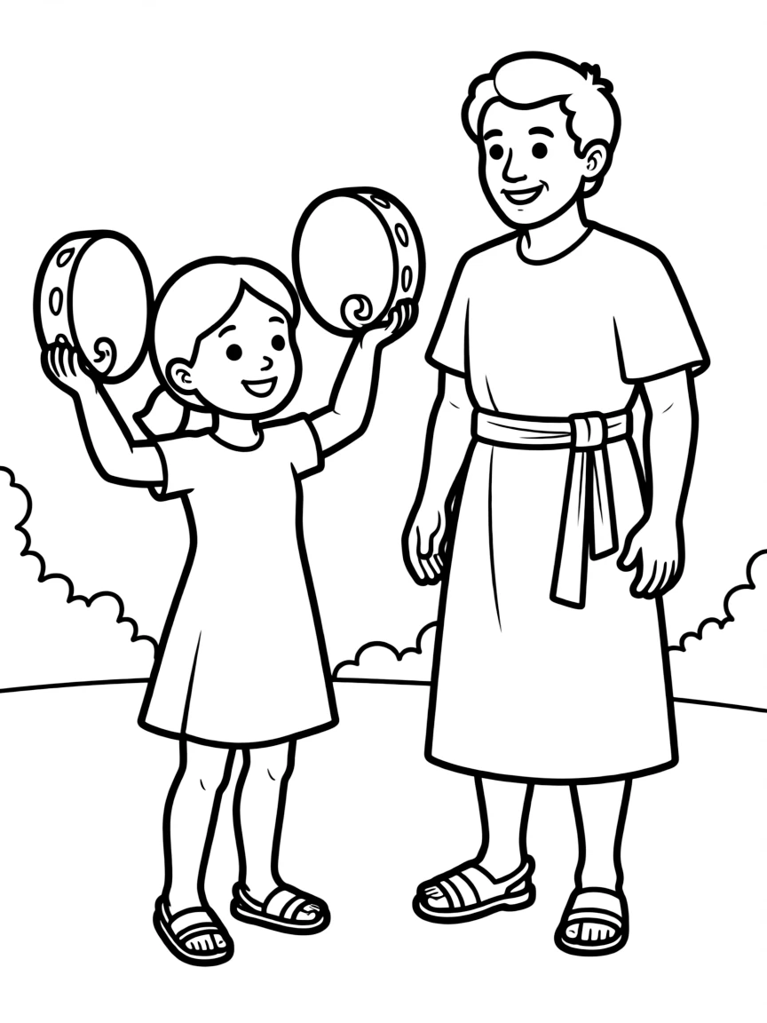 Jephthah's daughter greeting him with tambourines.