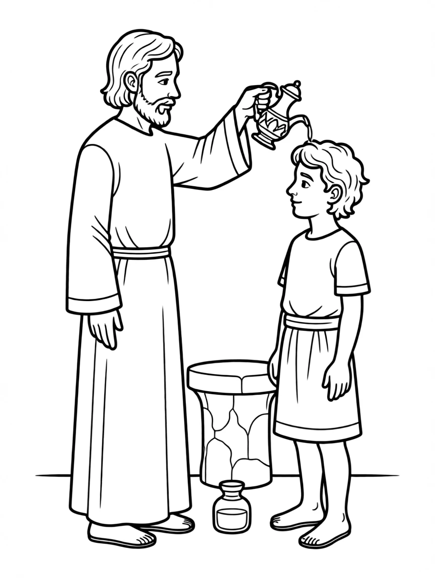 Samuel anointing David as king, pouring oil on his head.