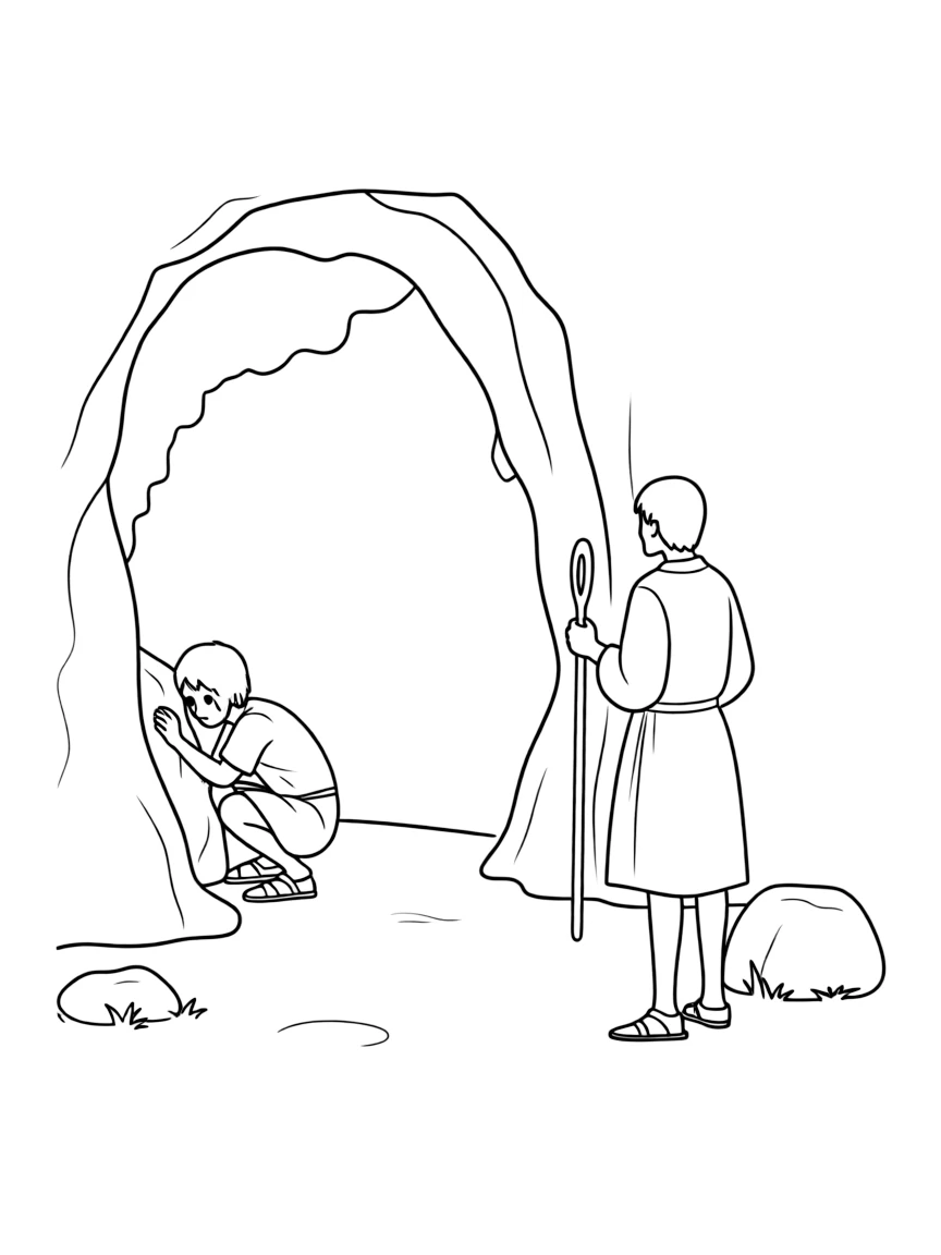 David hiding from Saul in a cave, with Saul nearby.