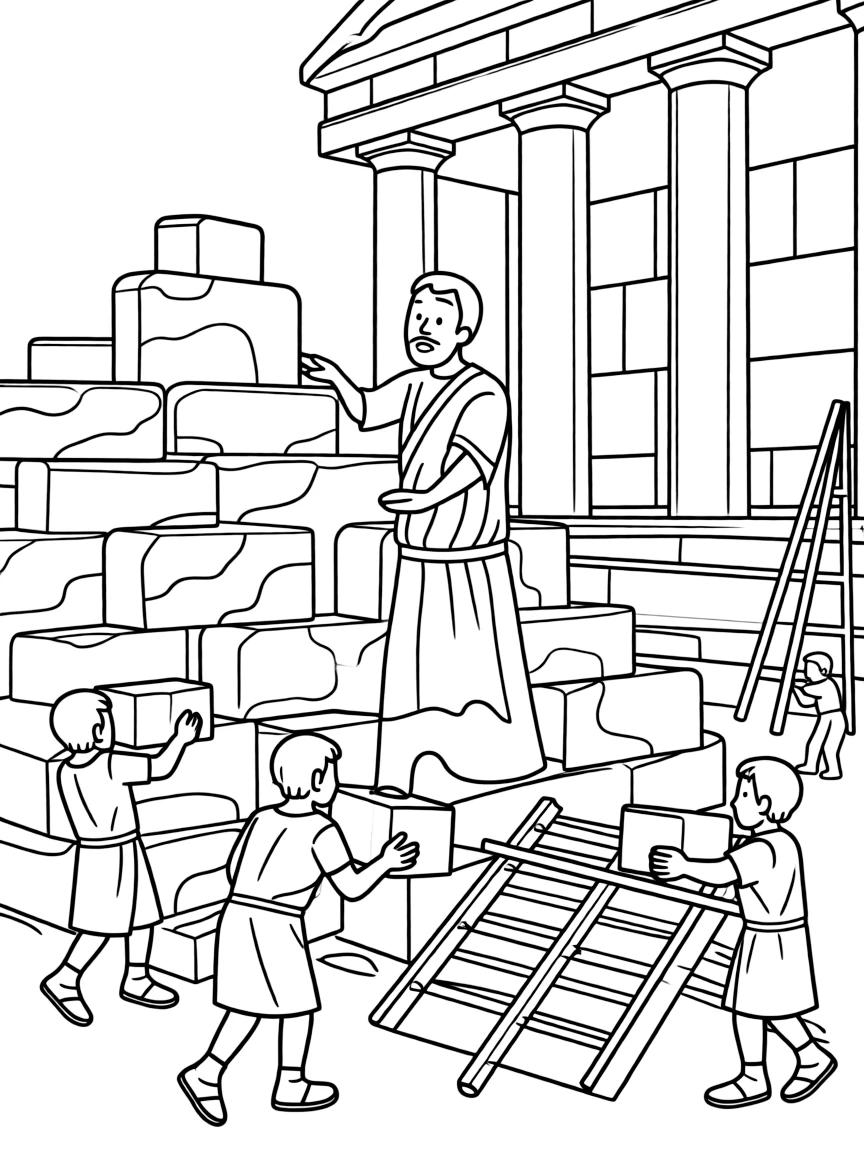 Solomon building the temple, with workers lifting stones.