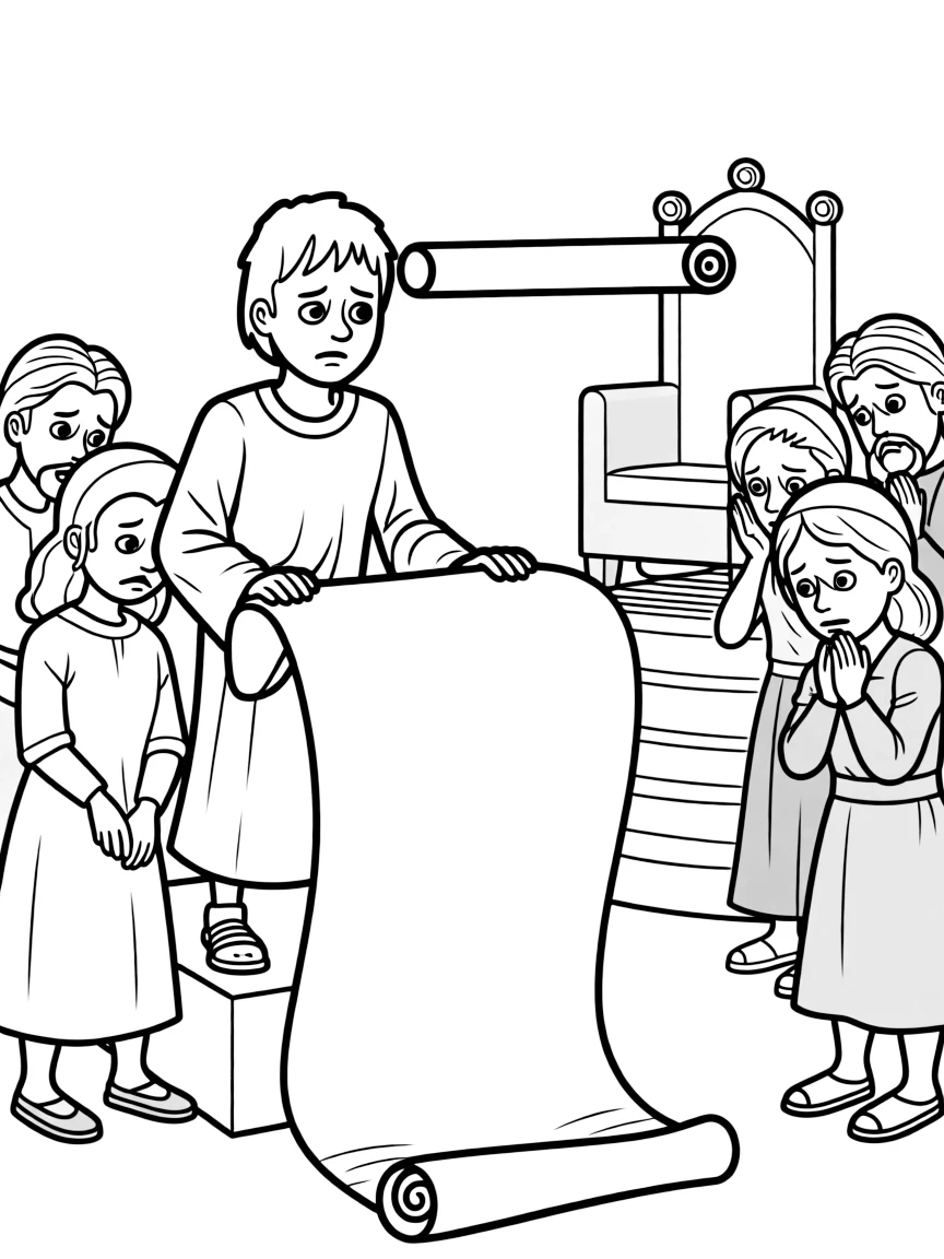 Rehoboam making a harsh decision, with people looking sad.