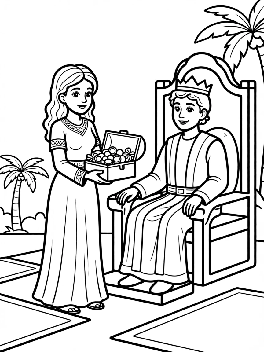 The Queen of Sheba visiting King Solomon, bringing gifts.