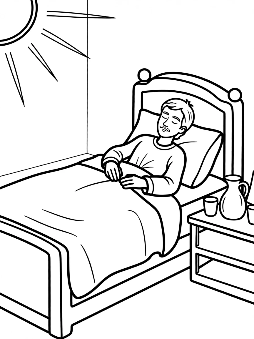 King Hezekiah praying to God to heal him, lying in bed.