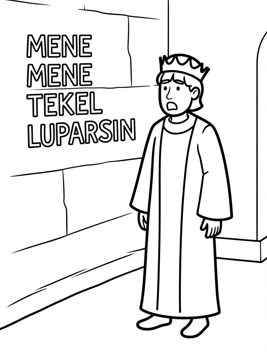 The writing on the wall, with King Belshazzar looking scared.