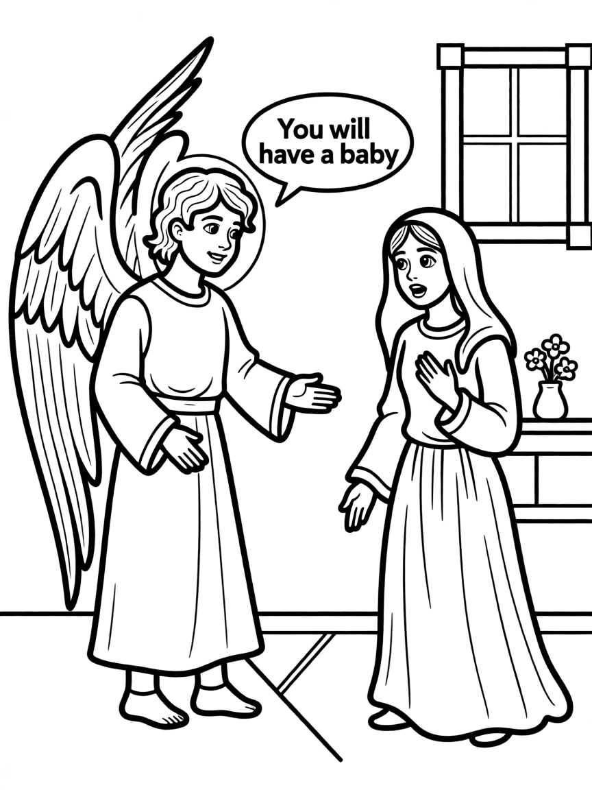Gabriel appearing to Mary, telling her she will have a baby.