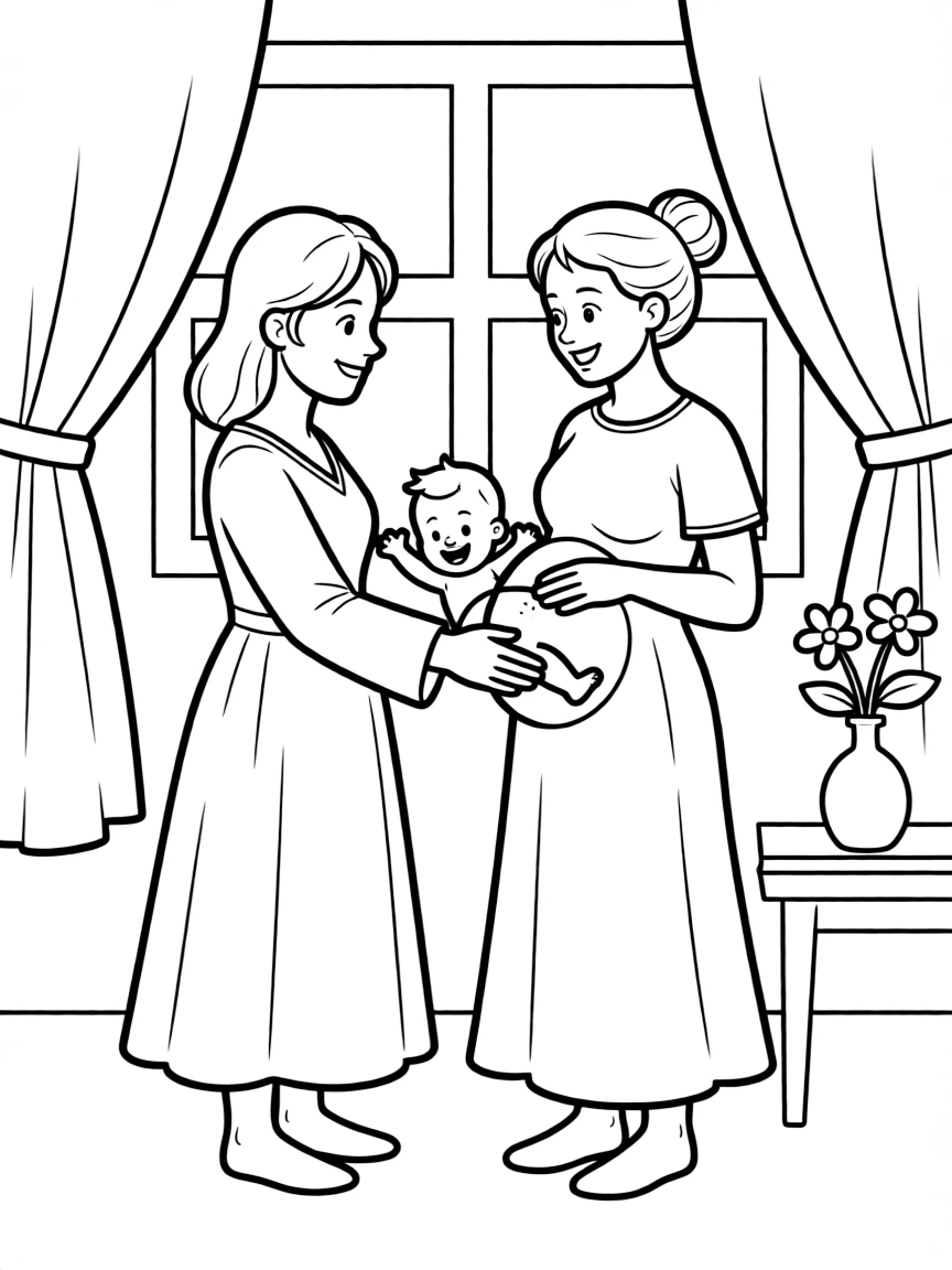 Mary visiting Elizabeth, and baby John leaping in Elizabeth's womb.