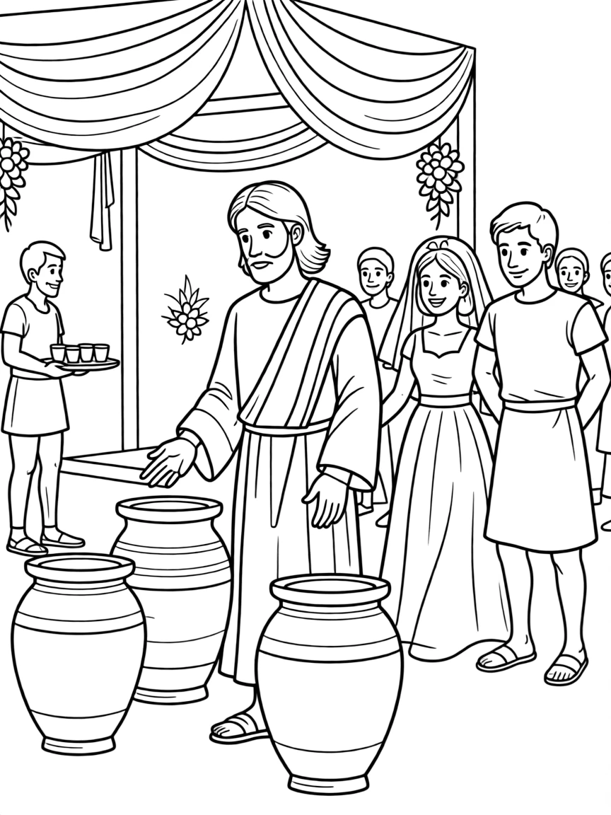 Jesus turning water into wine at a wedding in Cana.