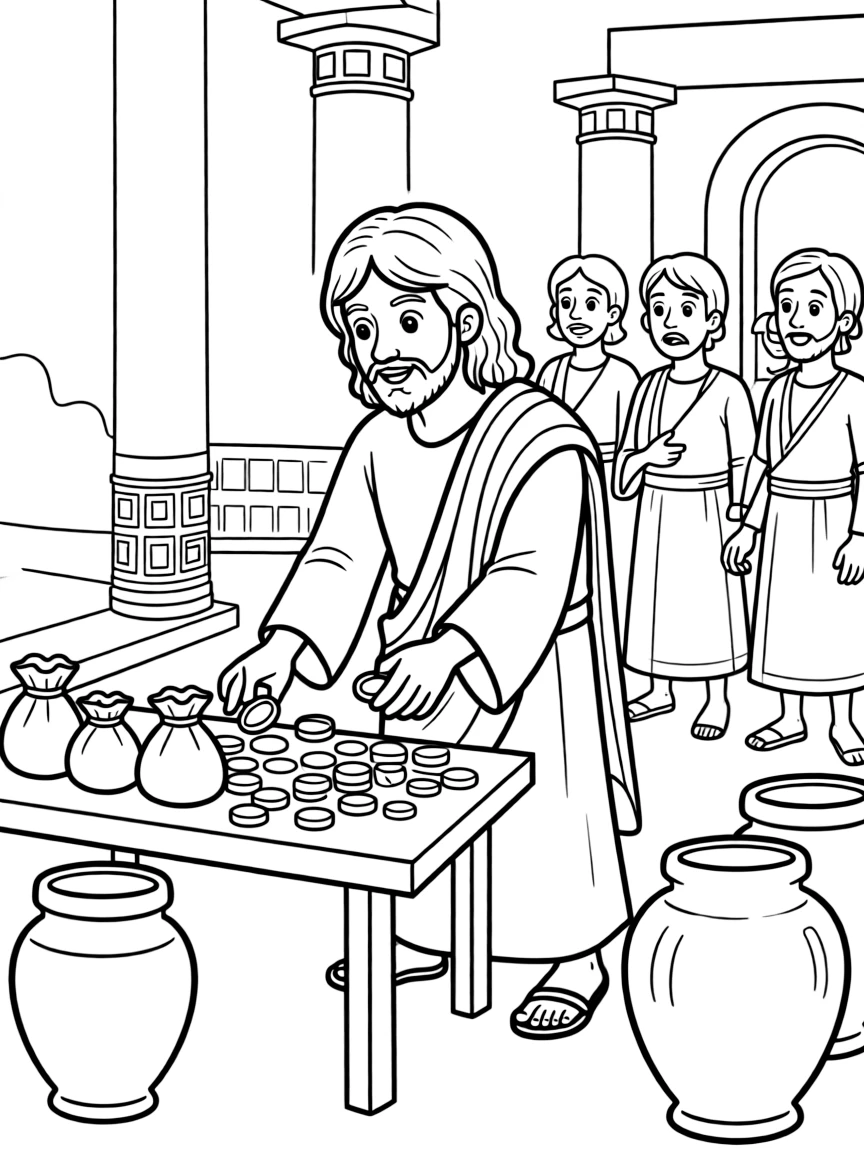 Jesus cleansing the temple, overturning tables.