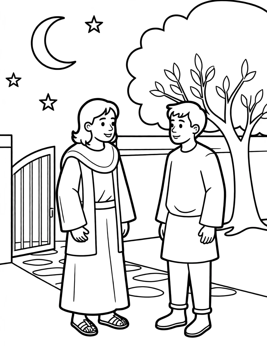Jesus talking to Nicodemus at night.