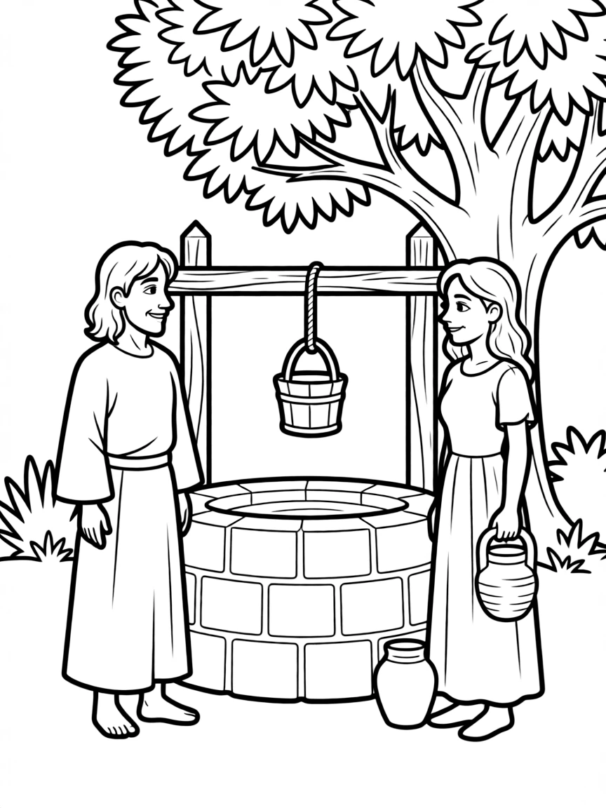 Jesus talking to the Samaritan woman at the well.