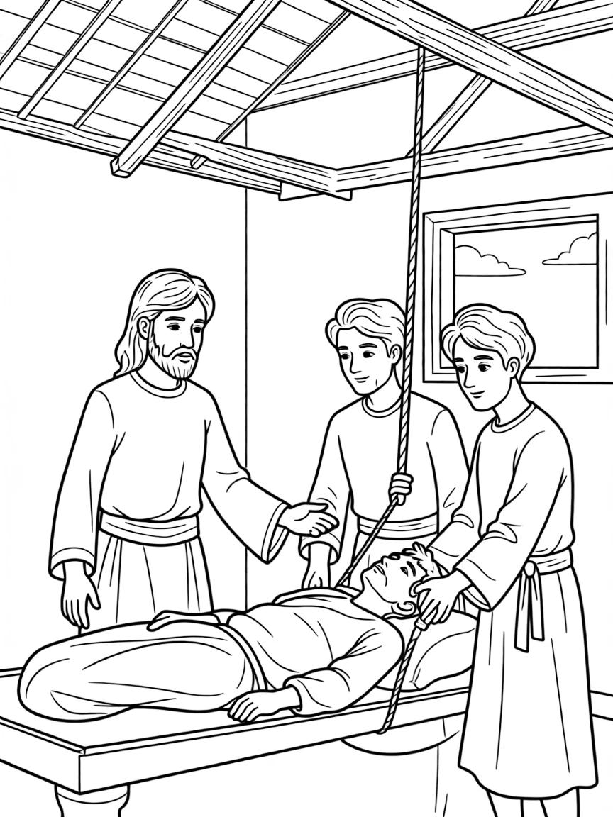 Jesus healing the paralytic man who is lowered through the roof.