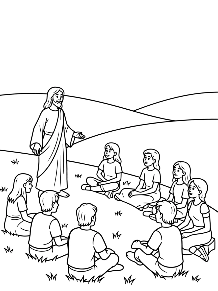 Jesus giving the Sermon on the Mount, with people sitting on a hillside.
