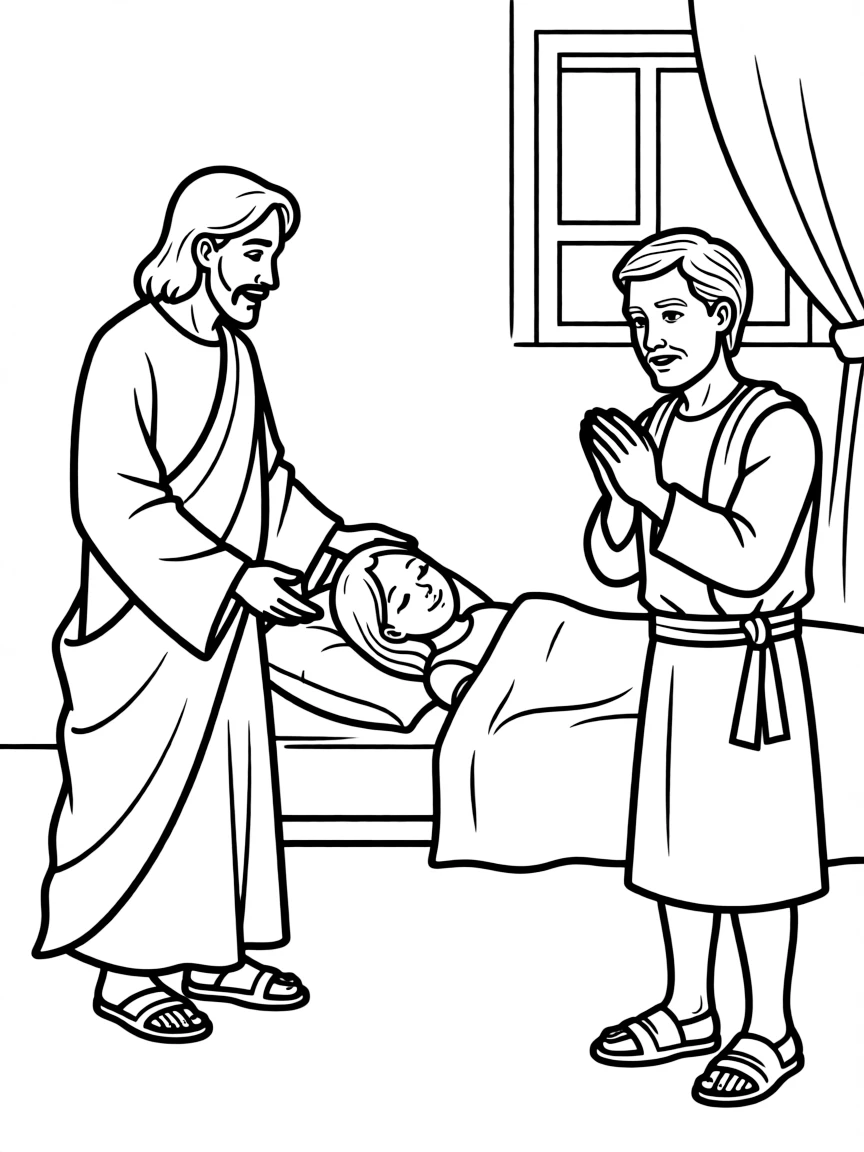 Jesus raising Jairus's daughter from the dead, with a comforting hand.