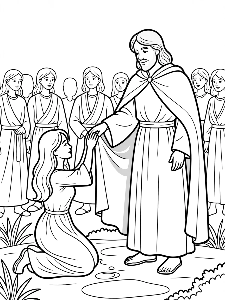 Jesus healing the woman with the issue of blood, touching his cloak.