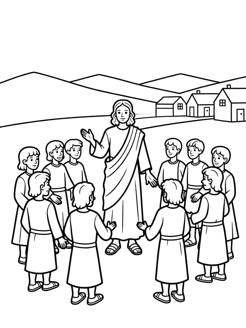 Jesus sending out the twelve disciples to preach and heal.