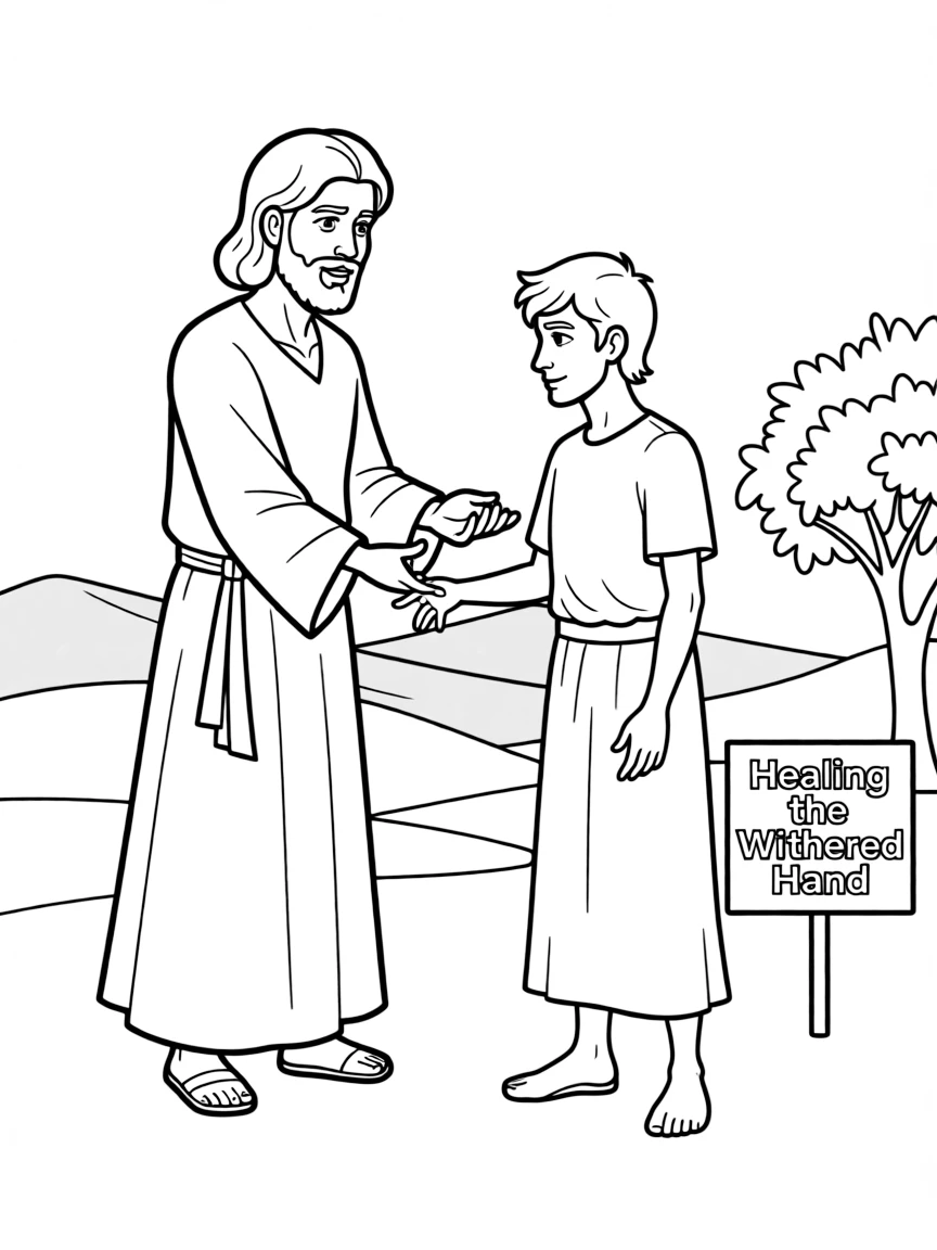 Jesus healing the man with the withered hand.