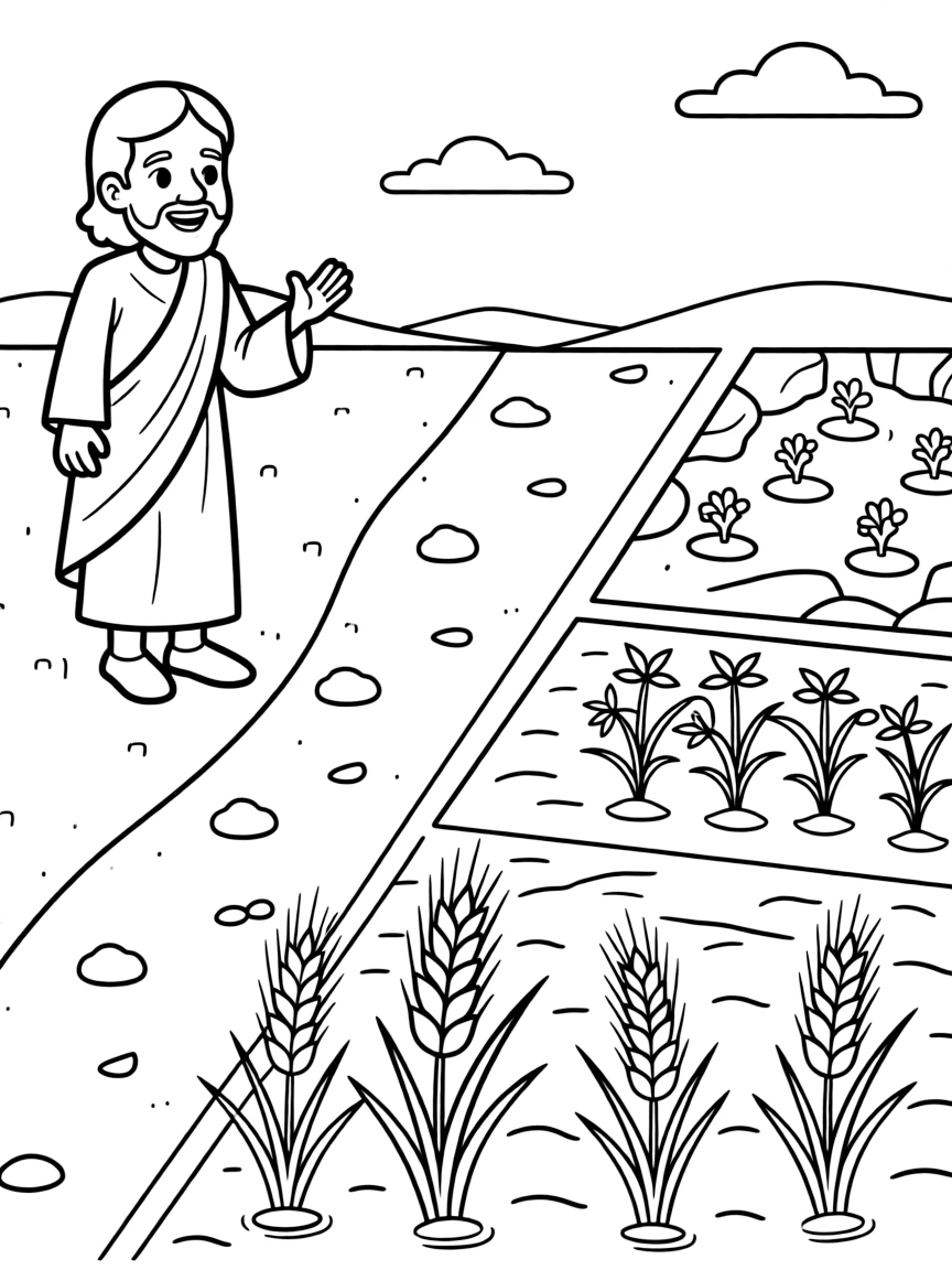 Jesus telling the parable of the sower, with different types of ground.