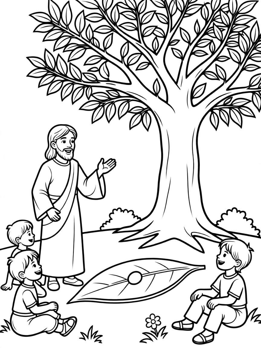 Jesus telling the parable of the mustard seed, with a tiny seed growing into a big tree.
