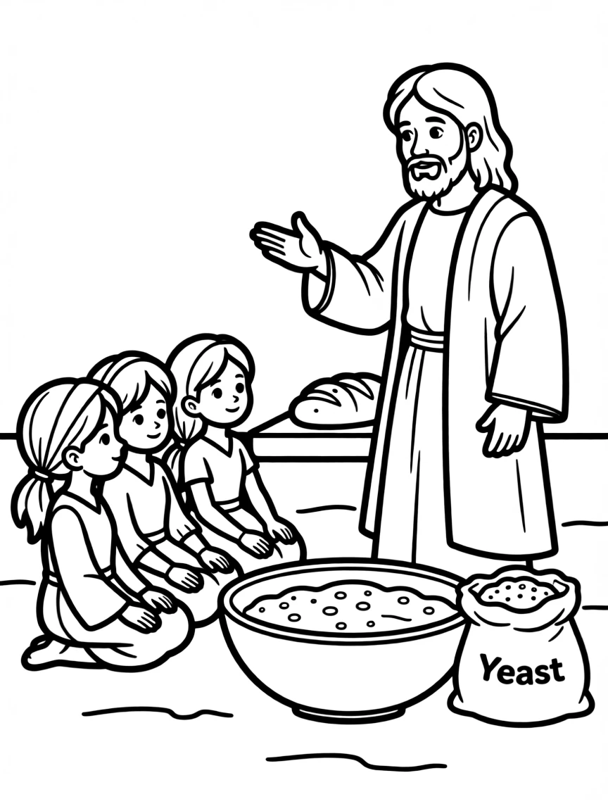 Jesus telling the parable of the leaven, with yeast making bread rise.