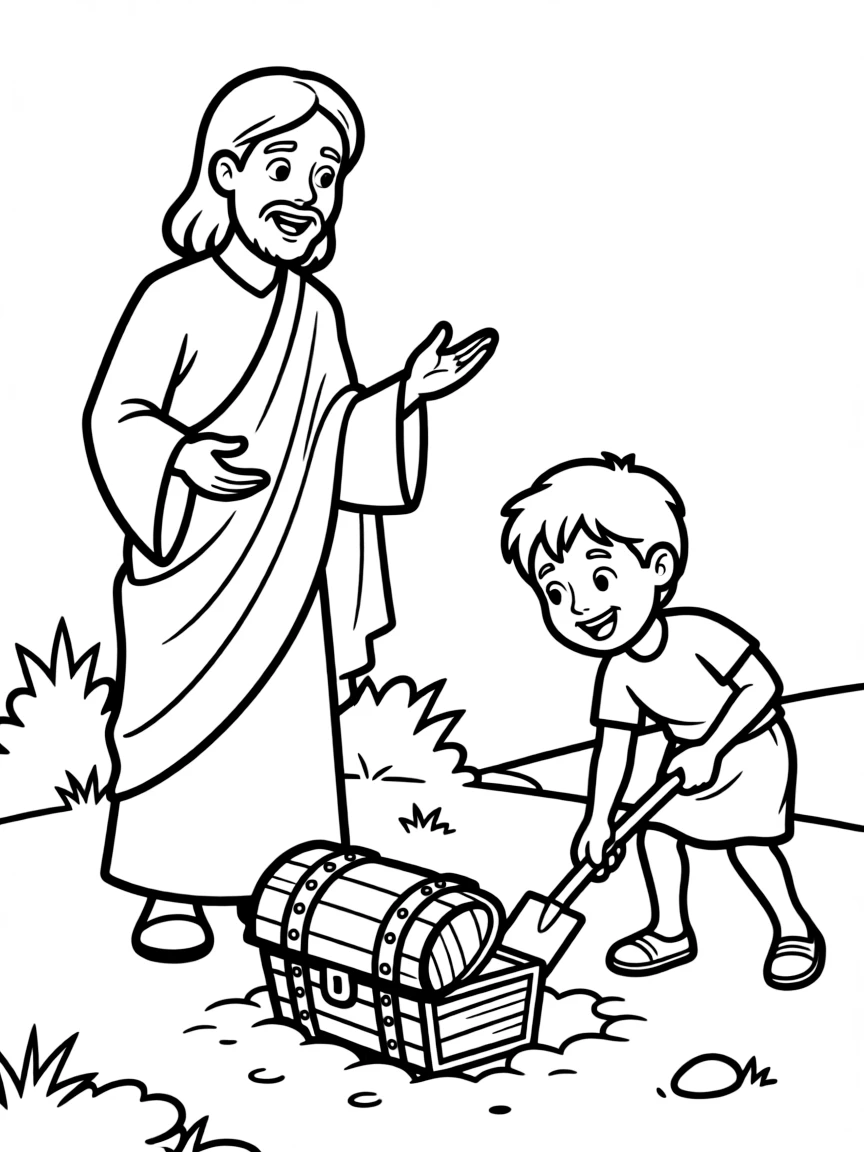 Jesus telling the parable of the hidden treasure, with someone digging it up.