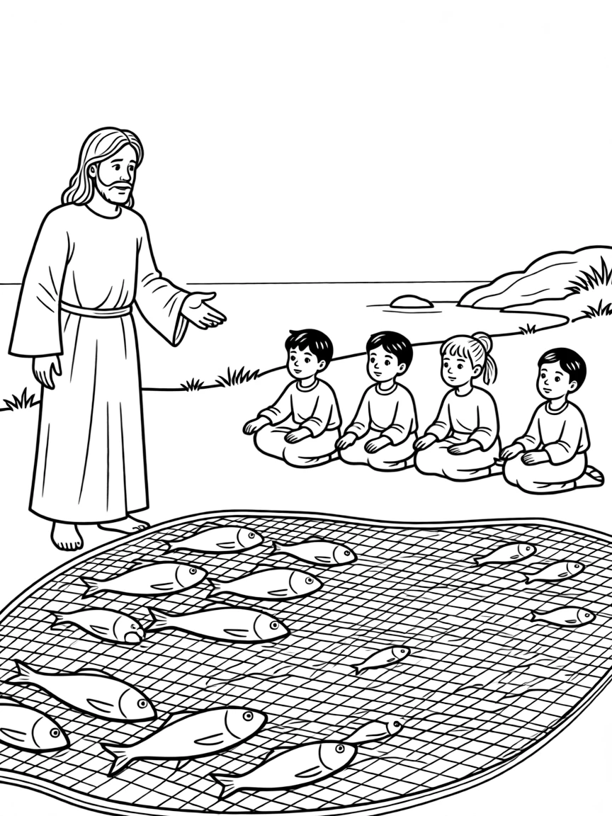 Jesus telling the parable of the net, with fish being sorted.