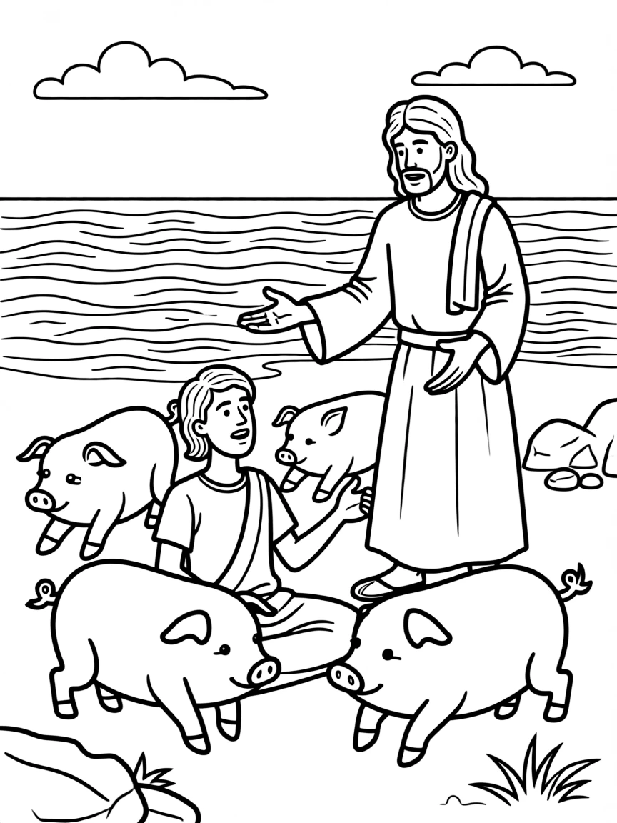 Jesus healing the Gerasene demoniac, with pigs running into the sea.