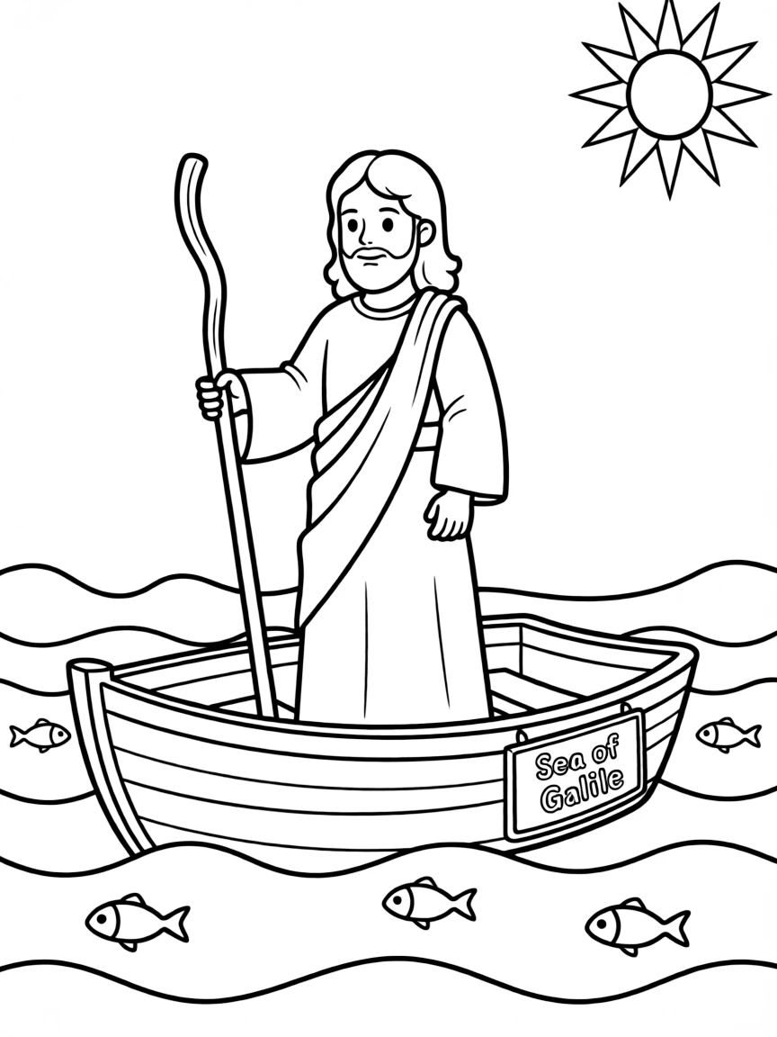 Jesus crossing the Sea of Galilee in a boat.