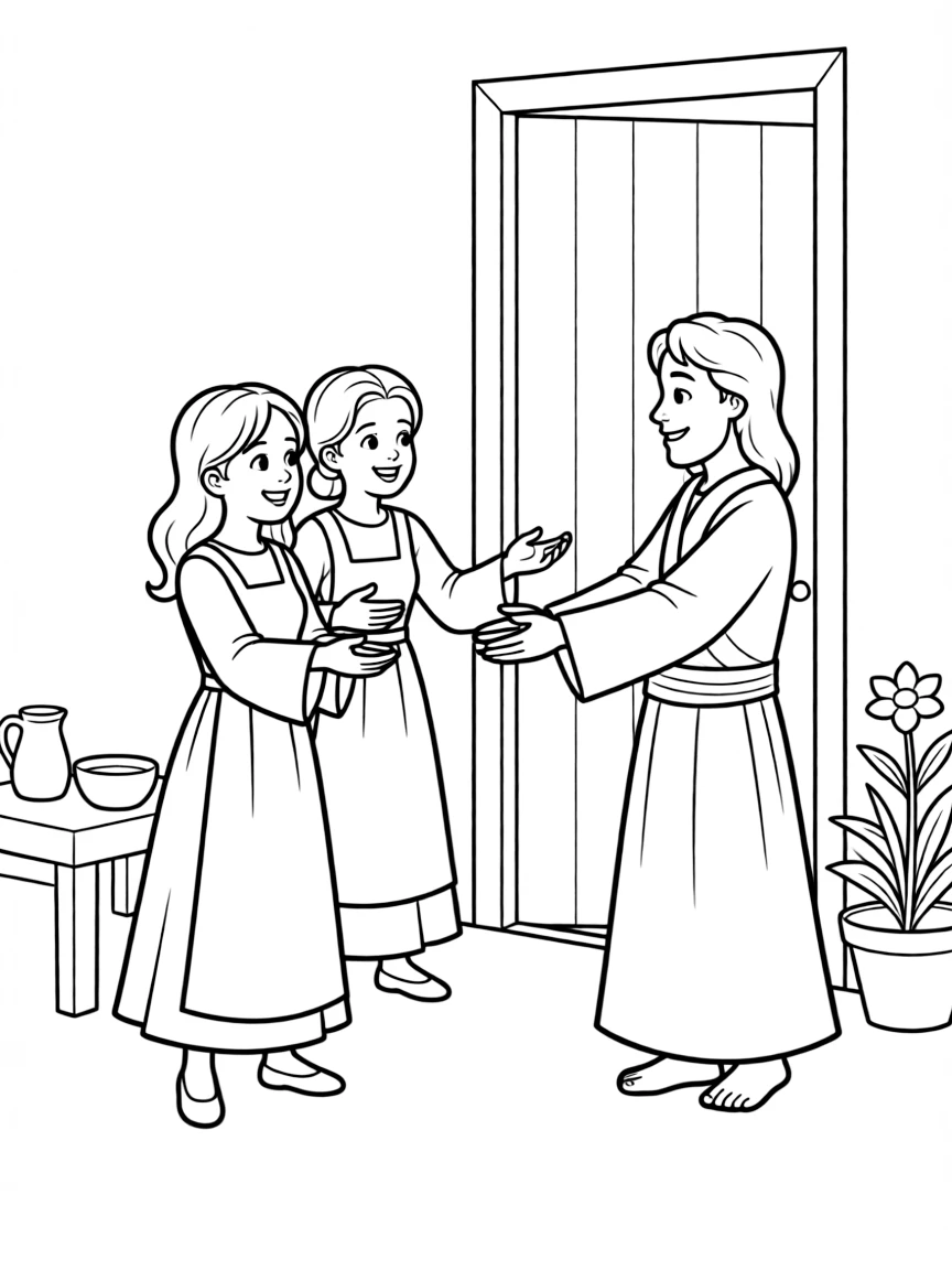 Mary and Martha welcoming Jesus into their home.