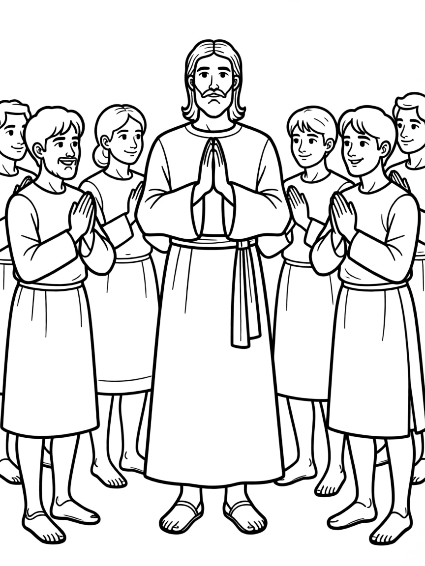 Jesus teaching his disciples to pray, with folded hands.