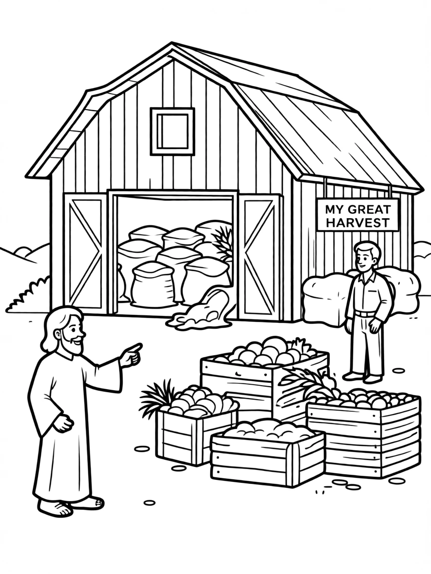 Jesus telling the parable of the rich fool, with overflowing barns.