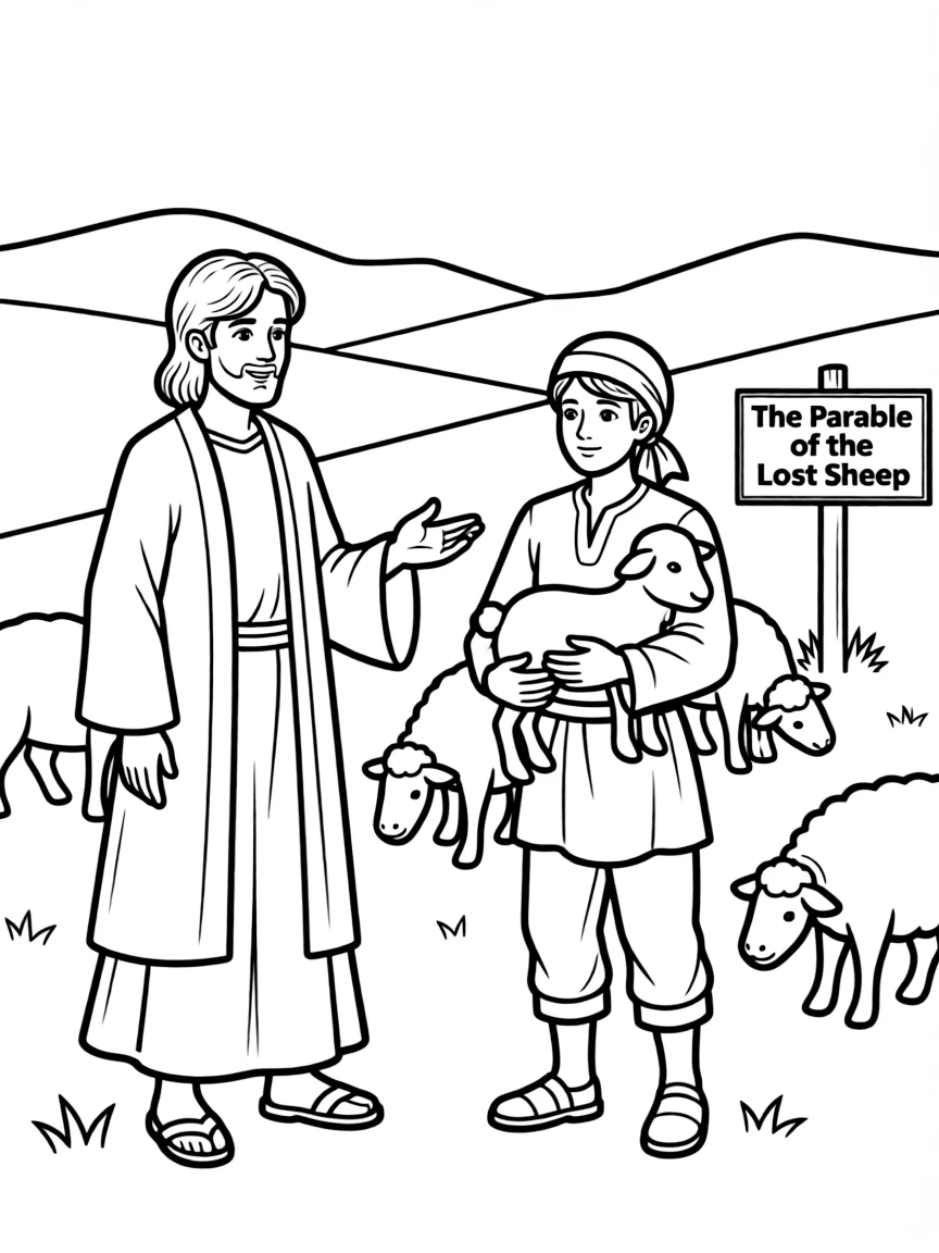 Jesus telling the parable of the lost sheep, with a shepherd carrying a lamb.