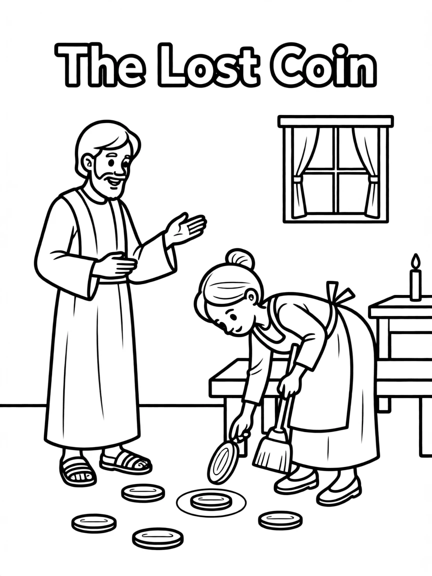 Jesus telling the parable of the lost coin, with a woman searching.