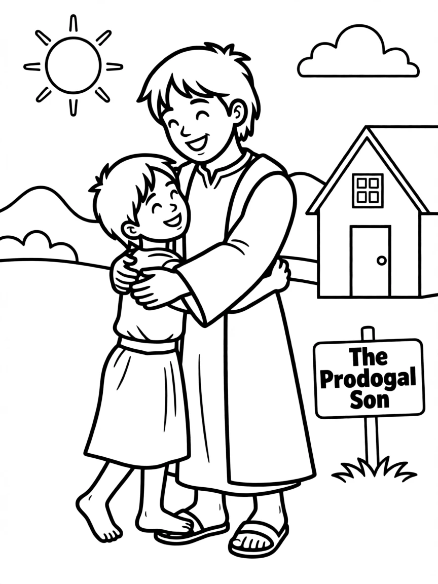 Jesus telling the parable of the prodigal son, with a father hugging his son.